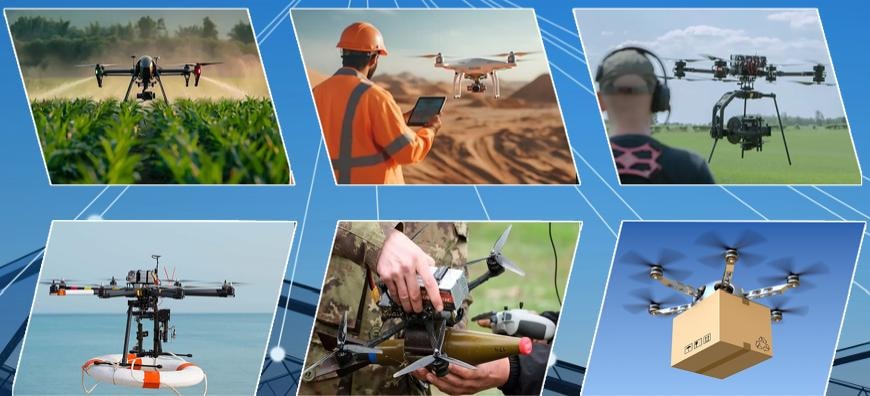 Professional drone applications — agricultural mapping, construction surveying, cinematography, maritime rescue, military operations, and delivery logistics